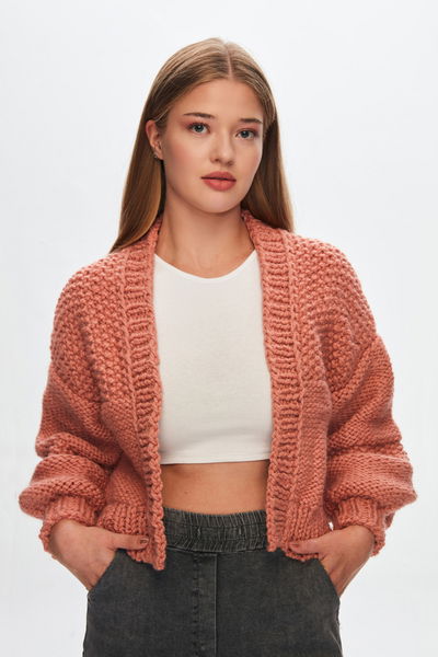 El Örgüsü Düşük Kol Crop Hırka Pembe
