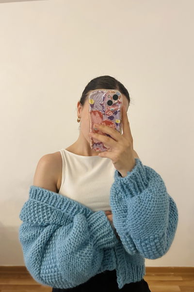 El Örgüsü Düşük Kol Crop Hırka Mavi