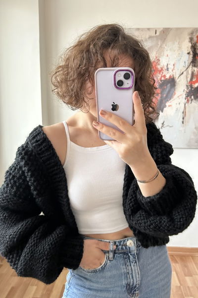 El Örgüsü Düşük Kol Crop Hırka Siyah