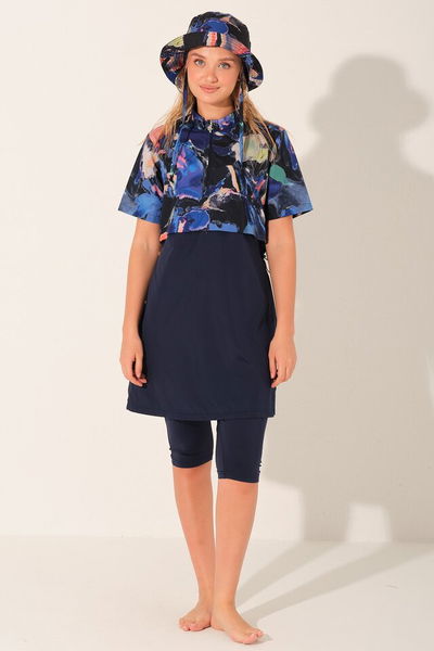 Şapkalı Crop Görünümlü Yarım Kol Yarı Kapalı Mayo - ALF26711