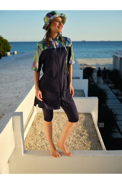 Şapkalı Önden Fermuarlı Yarım Kol Yarı Kapalı Mayo - ALF26713