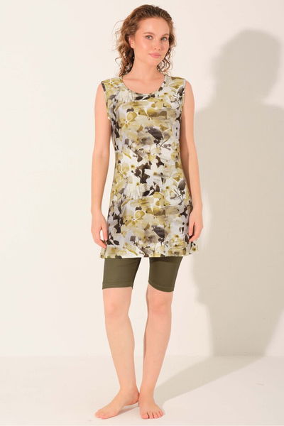 Desenli Sıfır Kol Yarı Kapalı Mayo - ALF26810