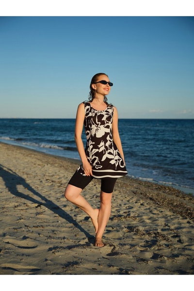 Flor Desenli Sıfır Kol Yarı Kapalı Mayo - ALF26924
