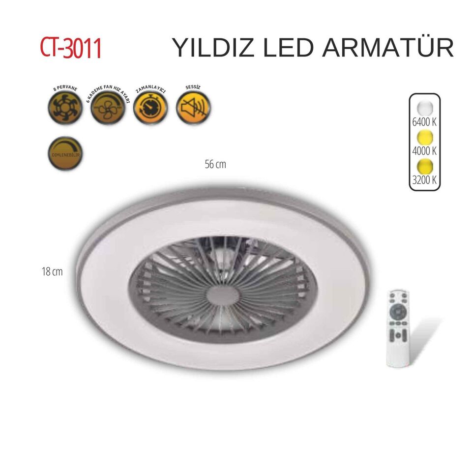 Cata Tavan Fanlı-Vantilatörlü Led Ampul Avize 3000k-4000k-6500kl 220v 56x1mm Kumandalı  ( Yıldız ) (1ad)