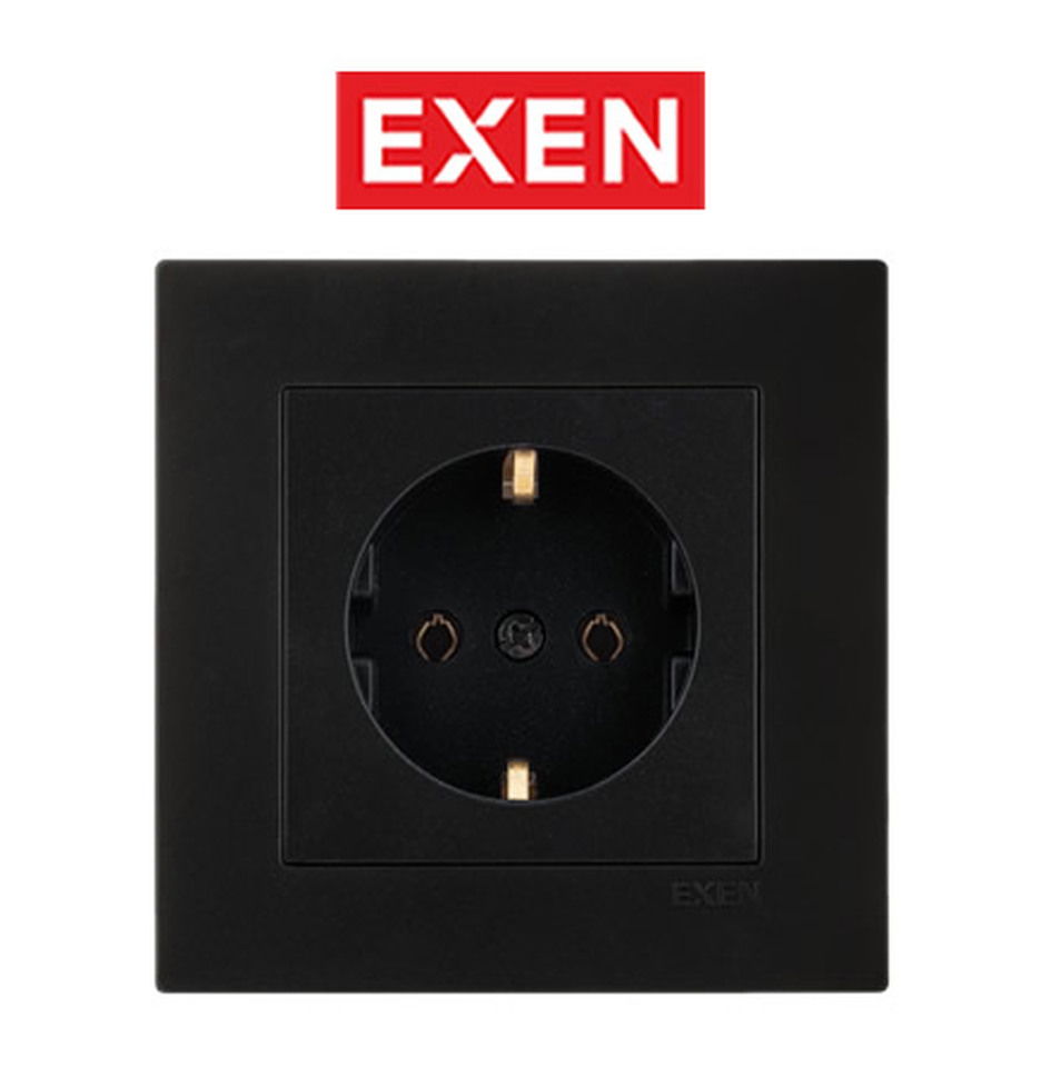 Exen Metalik Siyah Modül+Kapak | Topraklı Priz (12kt/120kl)