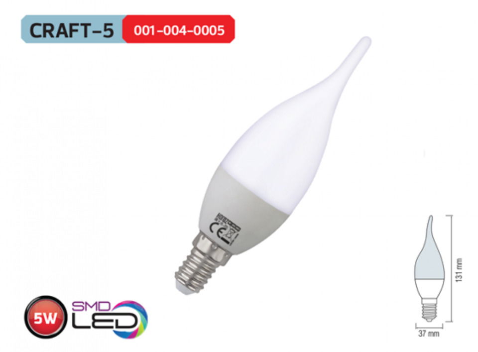 Led Ampul 5w 6500k 510lm E14 ( Craft-5 Kıvrık ) 175-250v (100ad)