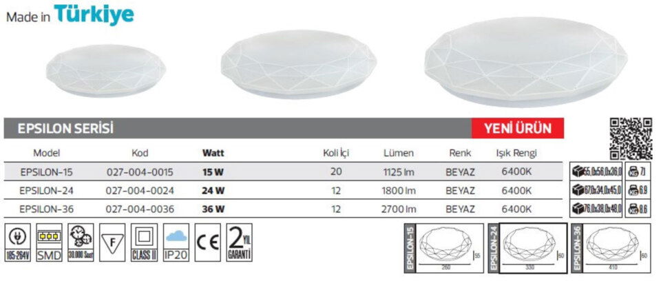 Tavan Duvar Led Armatür Yuvarlak 36w 6500k 2200lm Ip20 410x60mm ( Epsılon Kristal) (12ad)