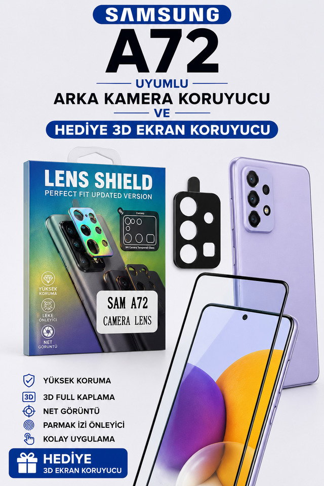 Samsung A72 Uyumlu Arka Kamera Koruyucu+ Full Ekran Koruyucu Seti