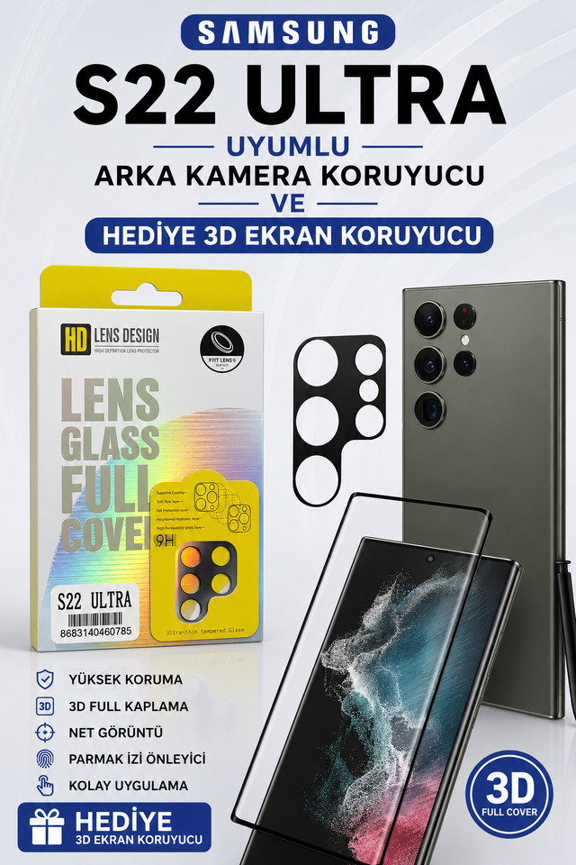 Samsung S22 Ultra Uyumlu Arka Kamera Koruyucu+ Full Ekran Koruyucu Seti