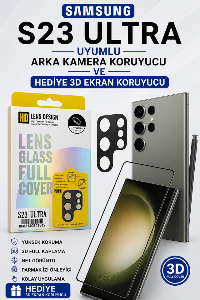 Samsung S23 Ultra Uyumlu Arka Kamera Koruyucu+ Full Ekran Koruyucu Seti