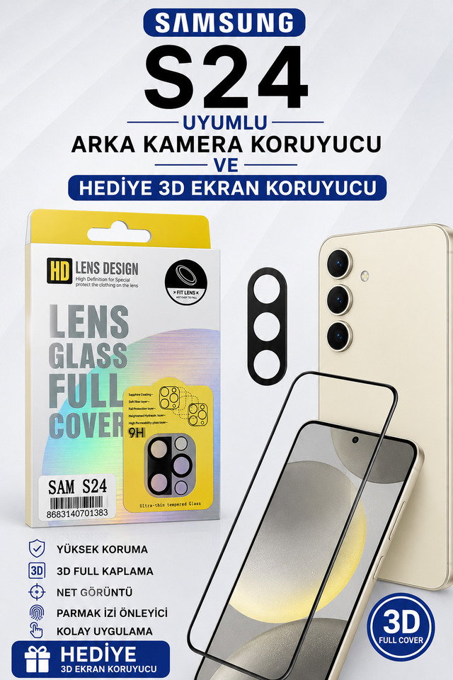Samsung S24 Uyumlu Arka Kamera Koruyucu+ Full Ekran Koruyucu Seti