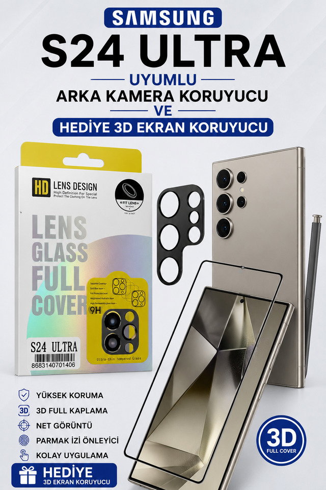 Samsung S24 Ultra Uyumlu Arka Kamera Koruyucu+ Full Ekran Koruyucu Seti