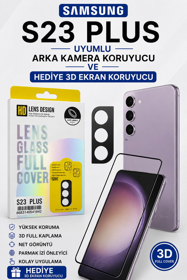 Samsung S23 Plus Uyumlu Arka Kamera Koruyucu+ Full Ekran Koruyucu Seti
