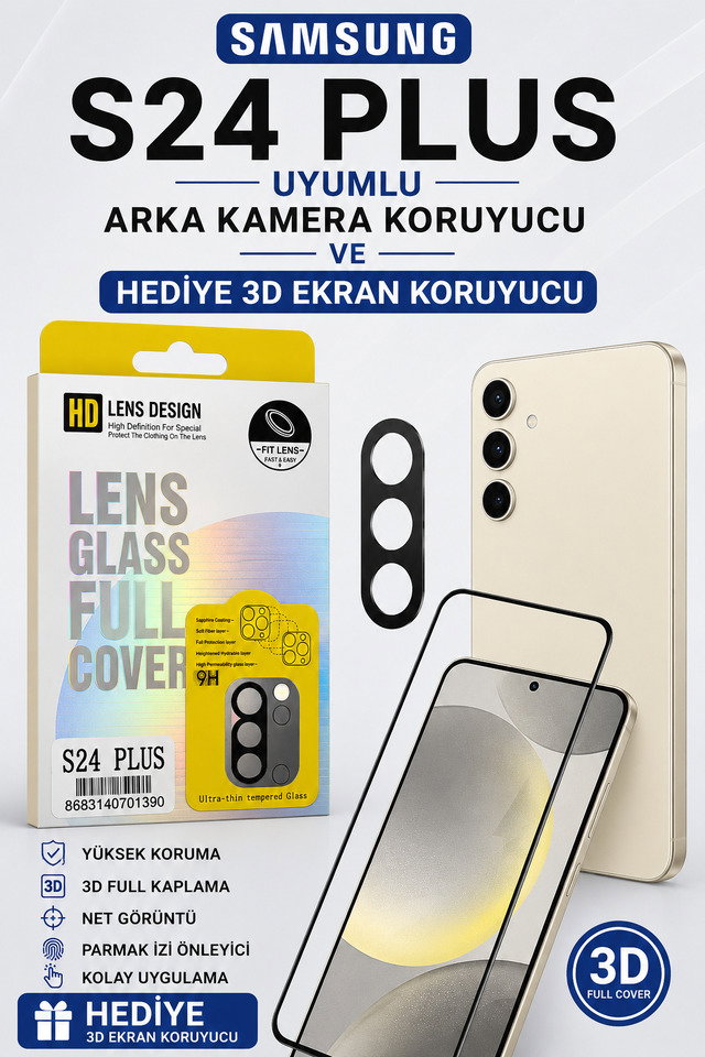Samsung S24 Plus Uyumlu Arka Kamera Koruyucu+ Full Ekran Koruyucu Seti
