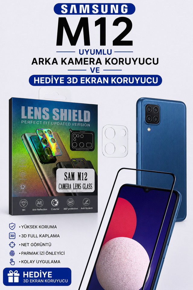 Samsung M12 Uyumlu Arka Kamera Koruyucu+ Full Ekran Koruyucu Seti