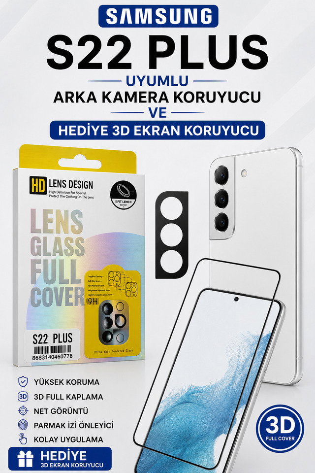 Samsung S22 Plus Uyumlu Arka Kamera Koruyucu+ Full Ekran Koruyucu Seti
