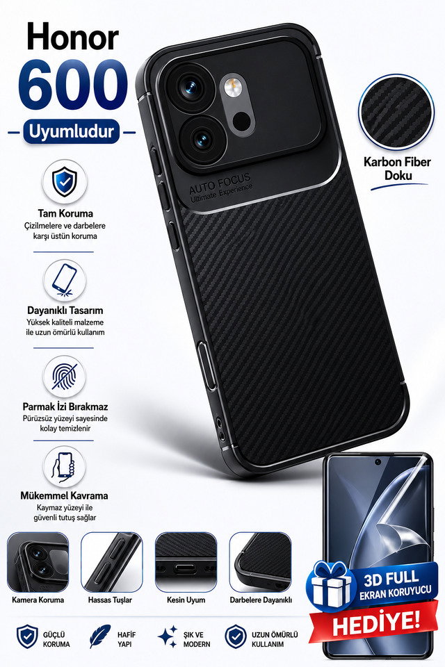 Honor 600 Rubber Karbon Kılıf / Full Nano Ekran Koruyucu Seti