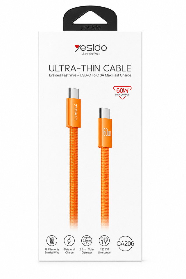 Yesi̇do 60W Ultra-Thin Cable Ca206 Type- To Type-C Kablo