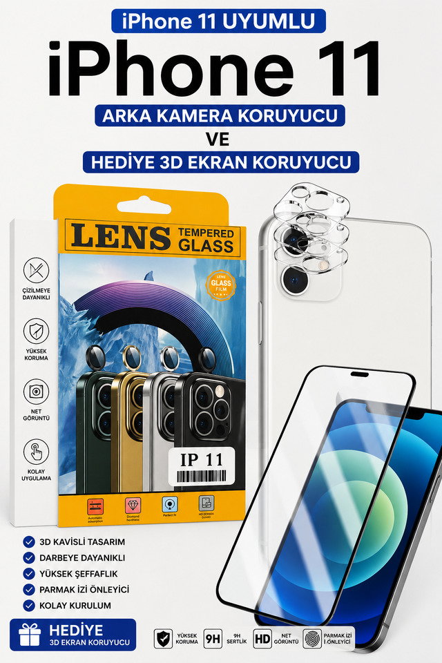 İphone 11 Uyumlu Arka Kamera Koruyucu+ Full Ekran Koruyucu Seti̇
