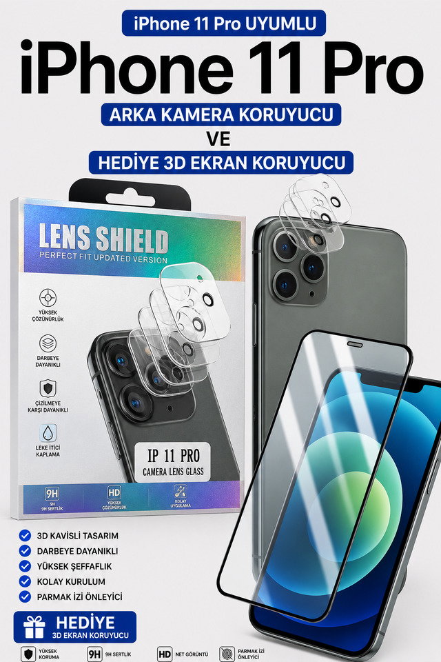 İphone 11 Pro Uyumlu Arka Kamera Koruyucu+ Full Ekran Koruyucu Seti̇
