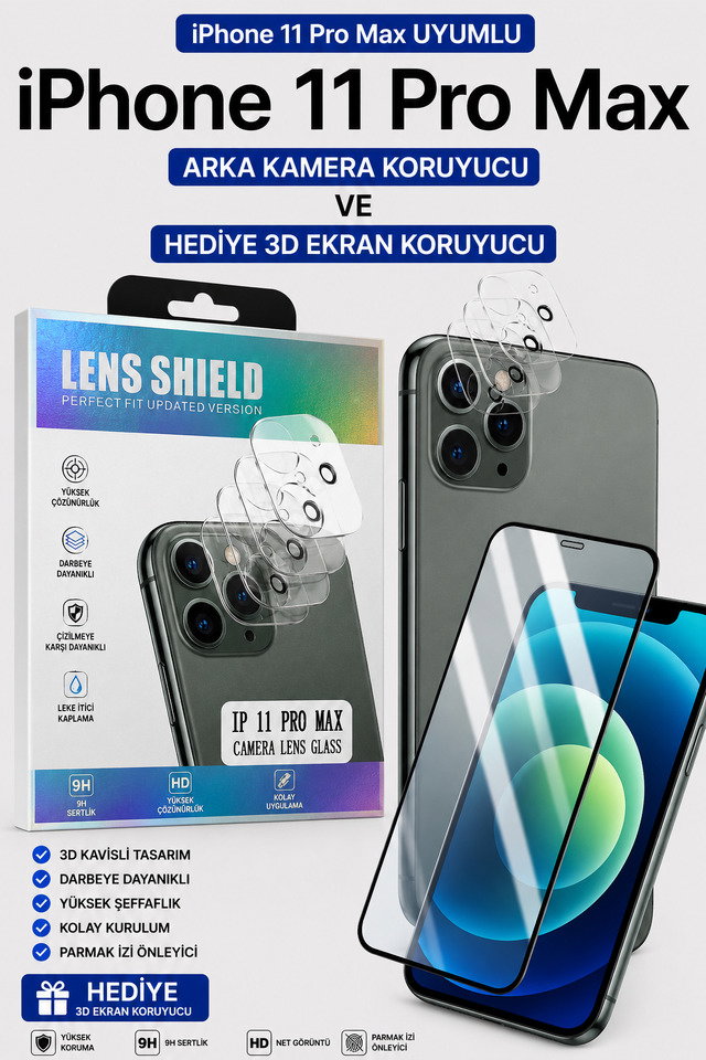 İPhone 11 Pro Max Uyumlu Arka Kamera Koruyucu+ Full Ekran Koruyucu Seti̇