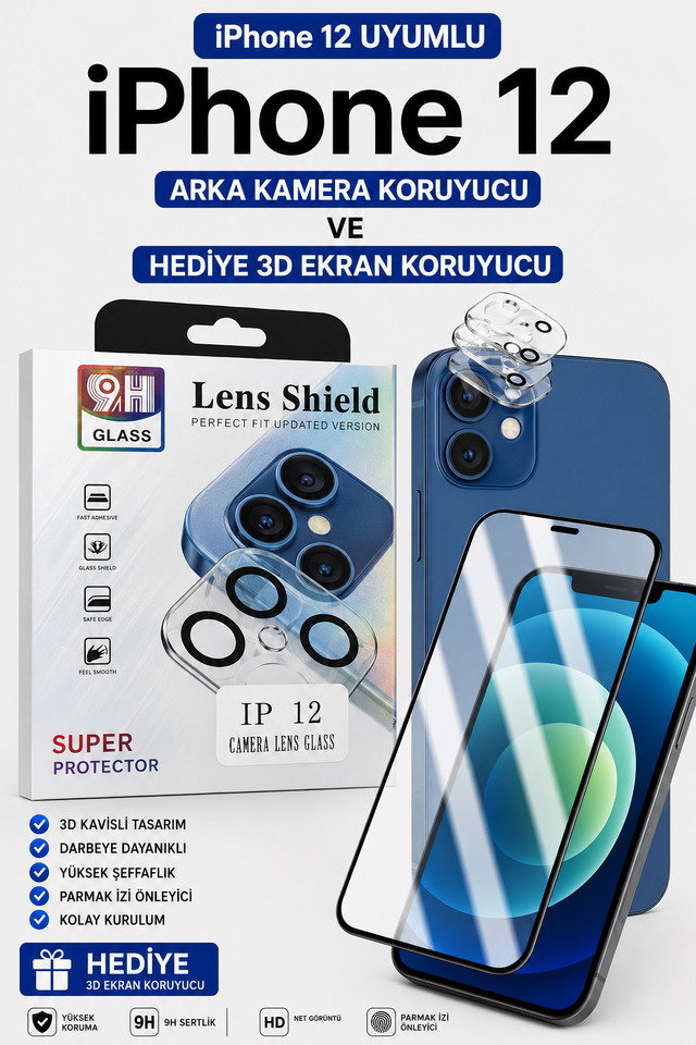 İPhone 12 Uyumlu Arka Kamera Koruyucu+ Full Ekran Koruyucu Seti̇