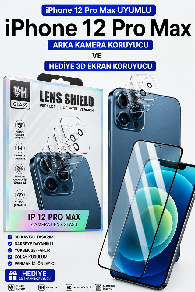 İPhone 12 Pro Max Uyumlu Arka Kamera Koruyucu+ Full Ekran Koruyucu Seti̇