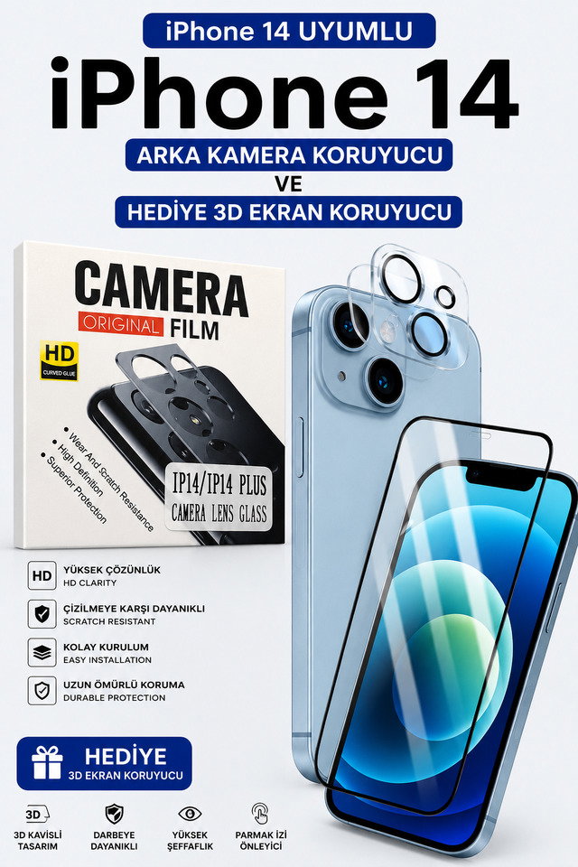 İPhone 14 Uyumlu Arka Kamera Koruyucu+ Full Ekran Koruyucu Seti̇