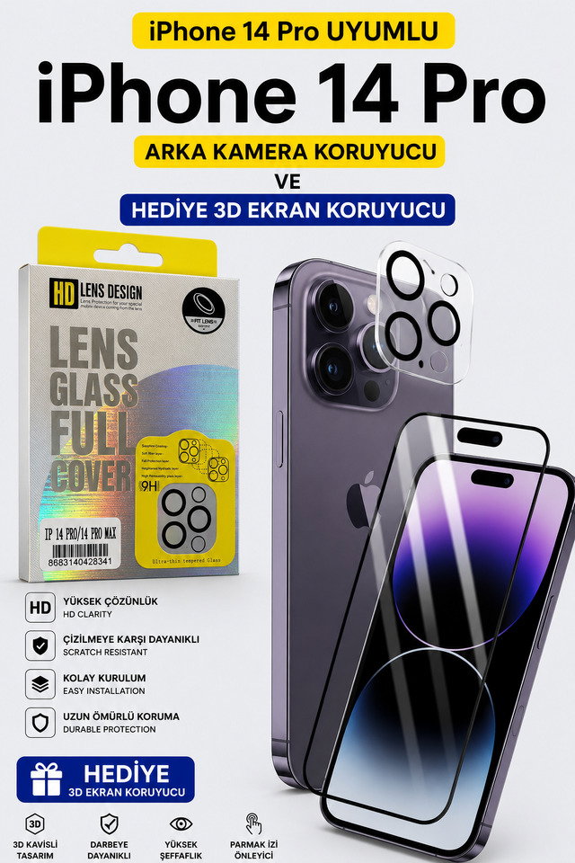 İPhone 14 Pro Uyumlu Arka Kamera Koruyucu+ Full Ekran Koruyucu Seti̇