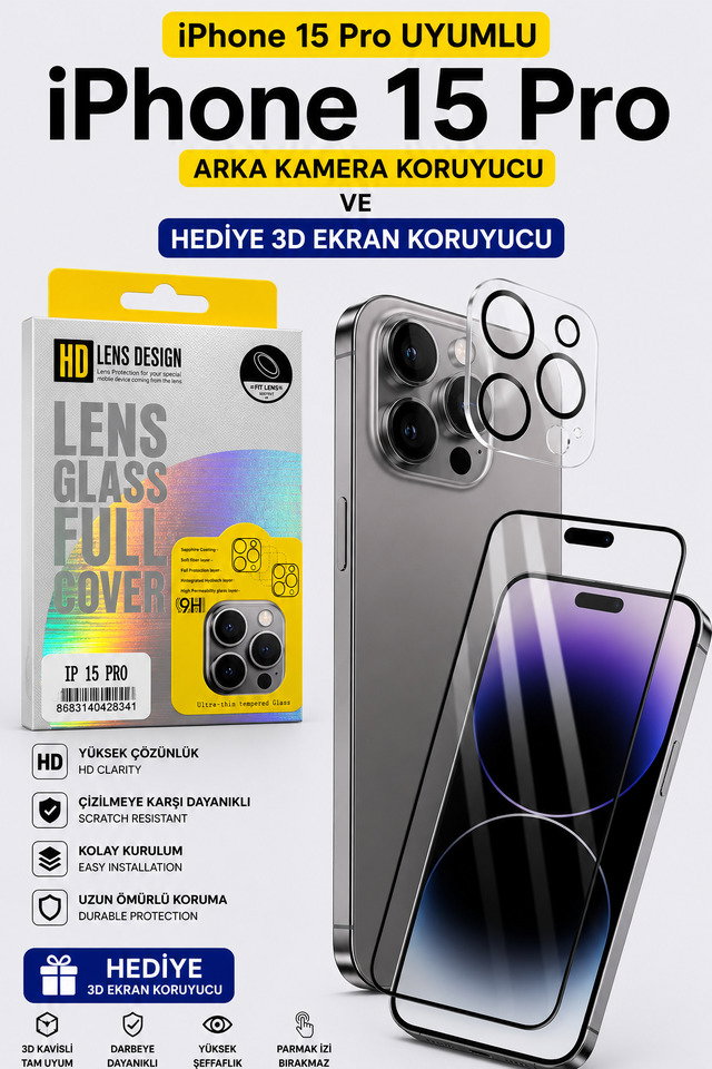 İPhone 15 Pro Uyumlu Arka Kamera Koruyucu+ Full Ekran Koruyucu Seti̇