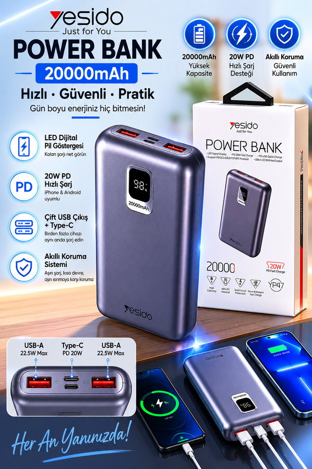 Yesi̇do YP47 20.000 Mah Powerbank