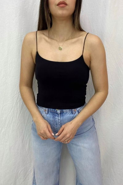 Siyah İp Askılı Crop Atlet