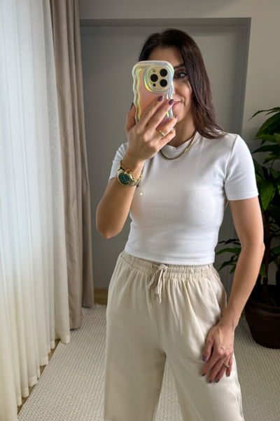 Bisiklet Yaka Ribanalı Basic Crop Tshirt