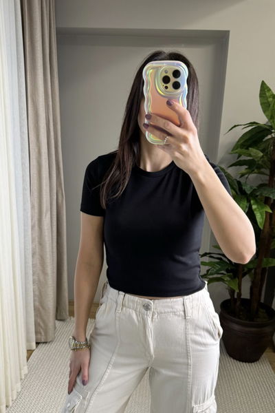 Bisiklet Yaka Ribanalı Basic Crop Tshirt