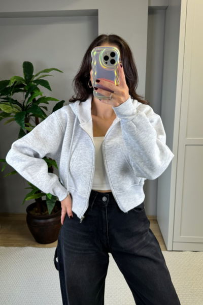 3 İplik Fermuarlı Crop Sweat