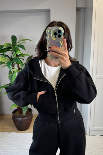 3 İplik Fermuarlı Crop Sweat