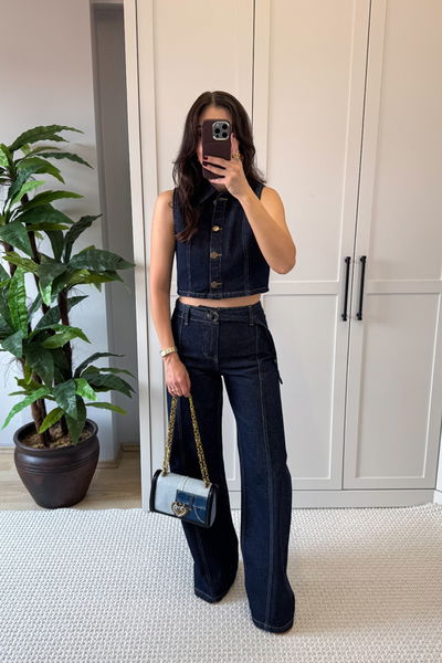 Denim Yelek Palazzo Pantolon Takım