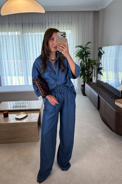 Tencel Kisa Kol Gömlek Pantolon Deni̇m Takim
