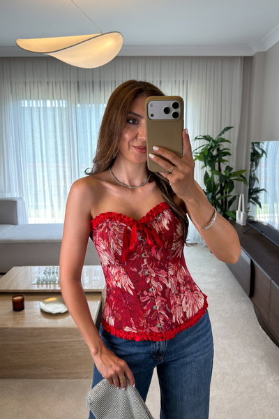 Kirmizi Çi̇çek Desenli̇ Büsti̇yer