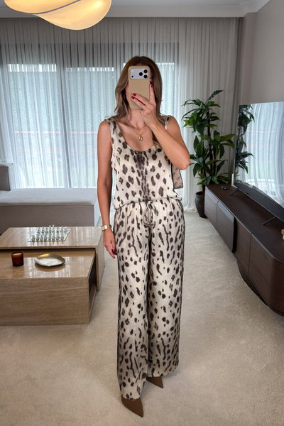 Leopar Desen Atlet Pantolon Saten Takım