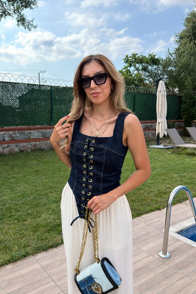 Bağcık Detaylı Denim Korse Bluz