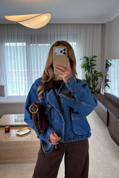 Kadife Yaka Torba Cep Denim Ceket