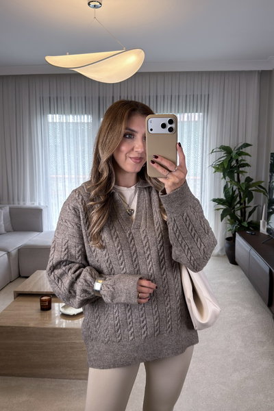 Yün Karışımlı Polo Yaka Kazak