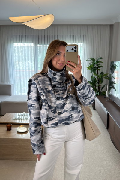 Kamuflaj Desenli Crop Ceket
