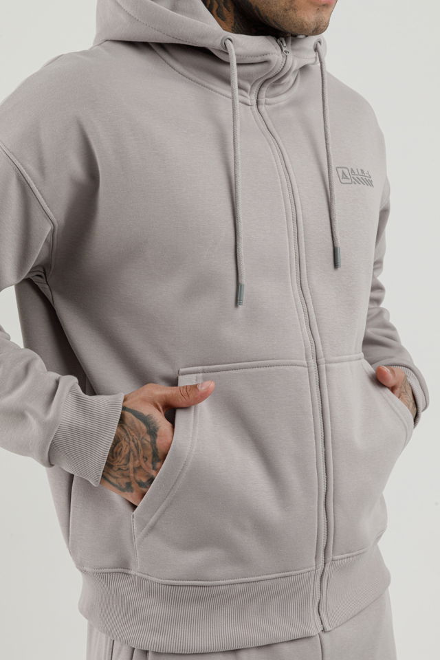 180019-M.02 - Gri - Tam Boy Fermuarlı Kanguru Cepli Erkek Kapüşonlu Sweatshirt