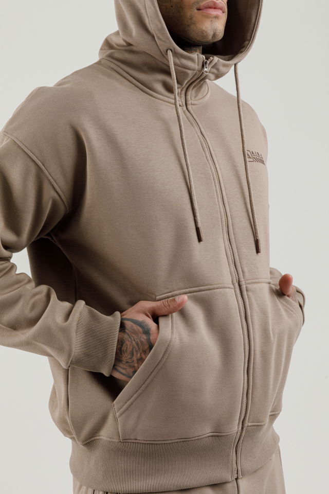 180019-M.02 - Kahverengi - Tam Boy Fermuarlı Kanguru Cepli Erkek Kapüşonlu Sweatshirt