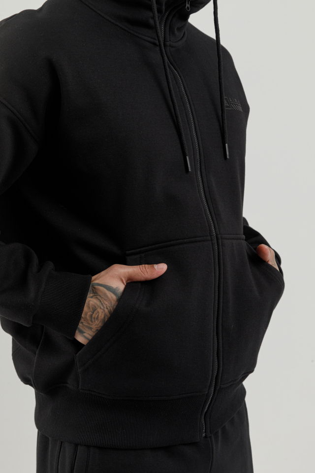 180019-M.02 - Siyah - Tam Boy Fermuarlı Kanguru Cepli Erkek Kapüşonlu Sweatshirt