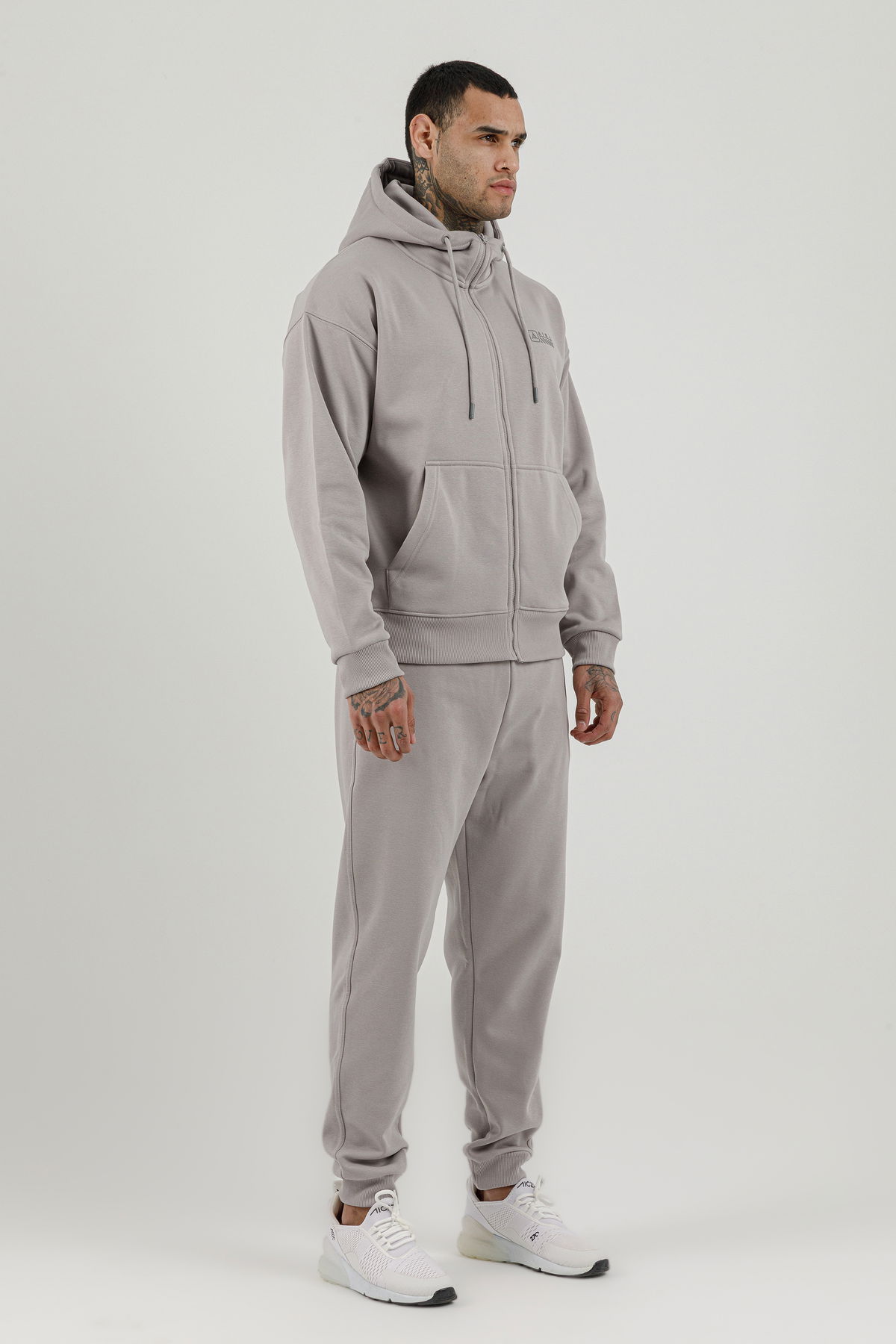 180019-M.02 - Gri - Tam Boy Fermuarlı Kanguru Cepli Erkek Kapüşonlu Sweatshirt