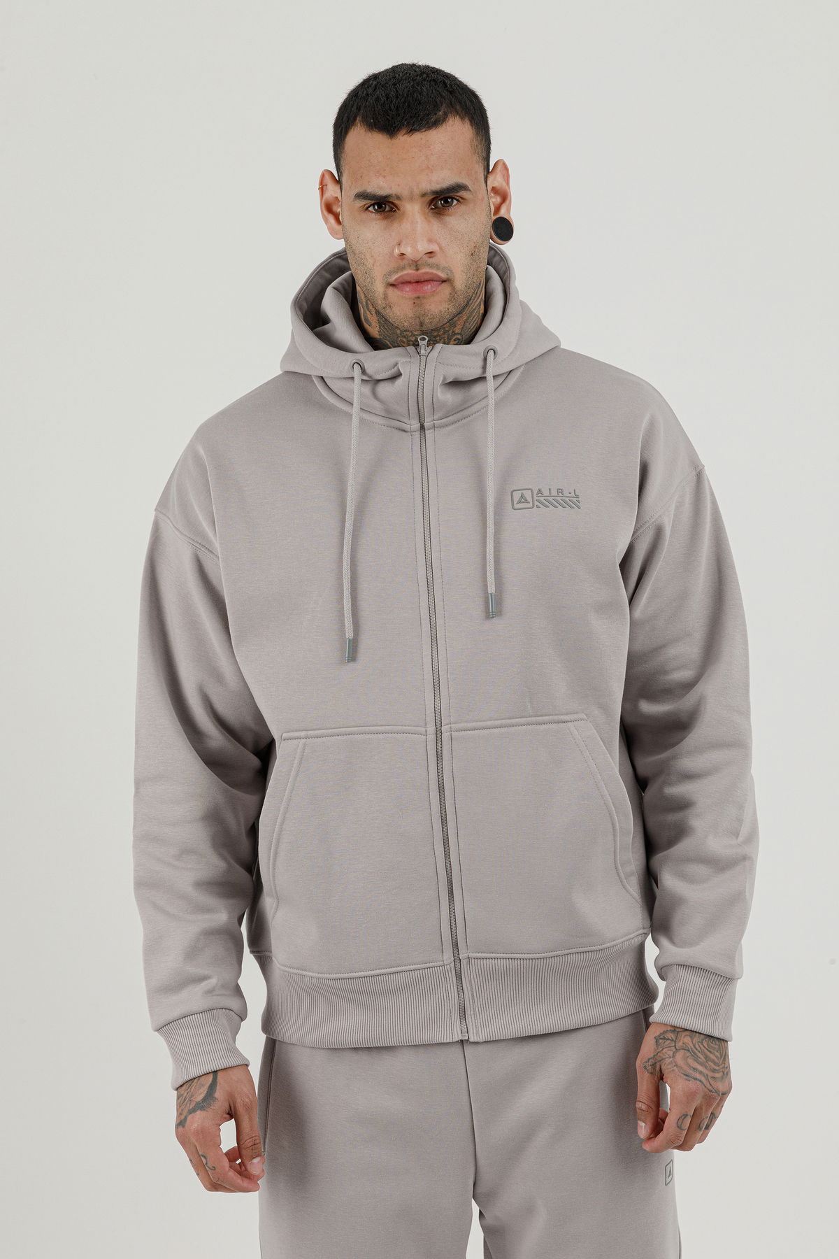 180019-M.02 - Gri - Tam Boy Fermuarlı Kanguru Cepli Erkek Kapüşonlu Sweatshirt
