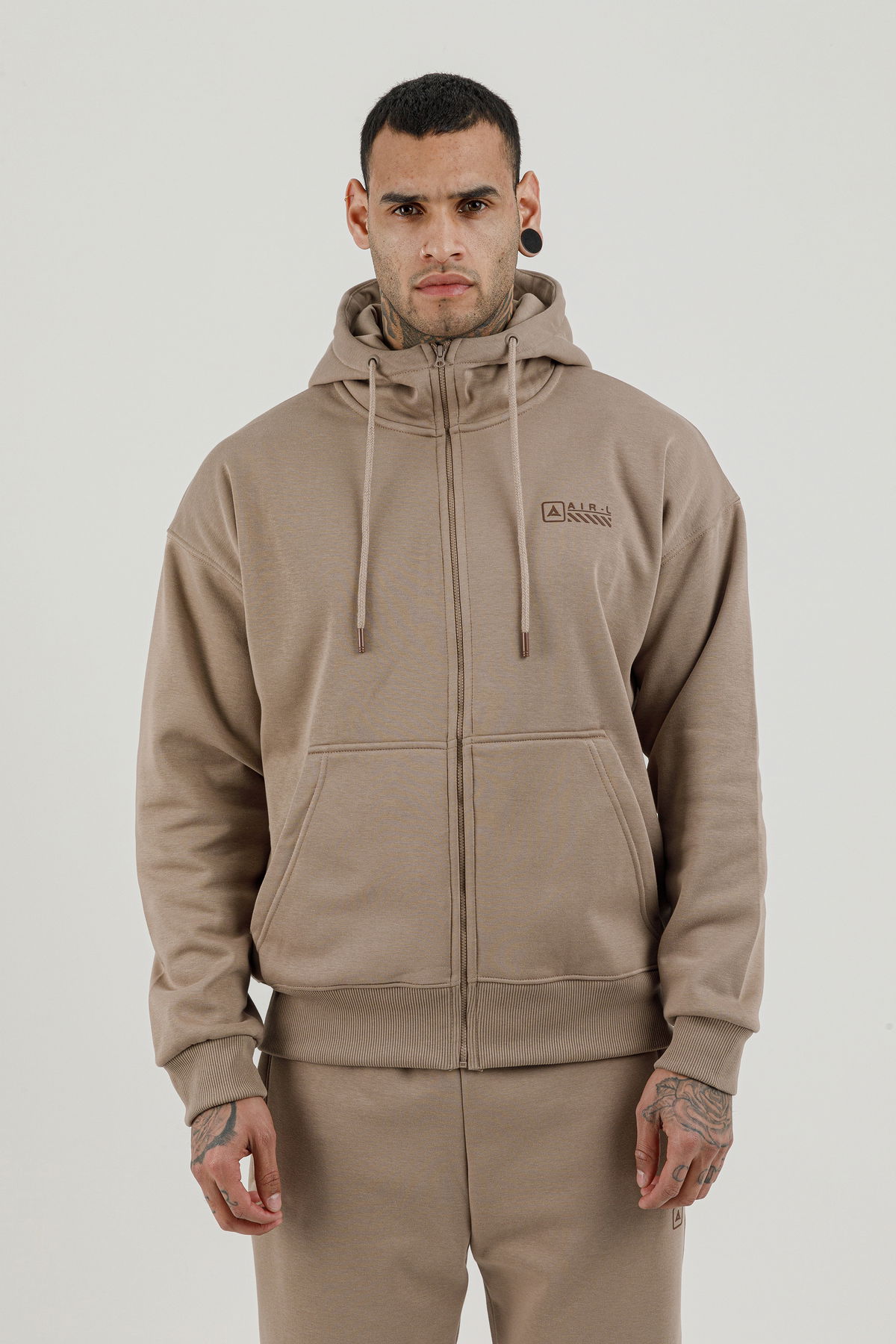 180019-M.02 - Kahverengi - Tam Boy Fermuarlı Kanguru Cepli Erkek Kapüşonlu Sweatshirt